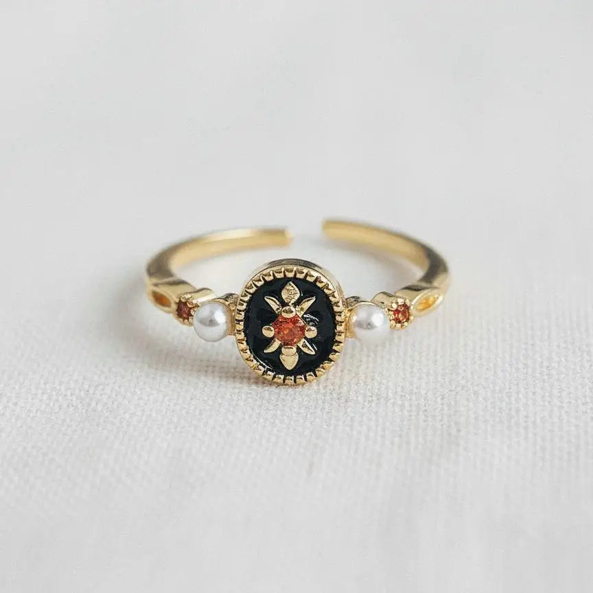 Adjustable Ring with Black Enamel Accent