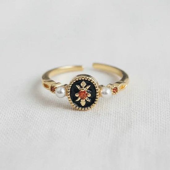 Adjustable Ring with Black Enamel Accent