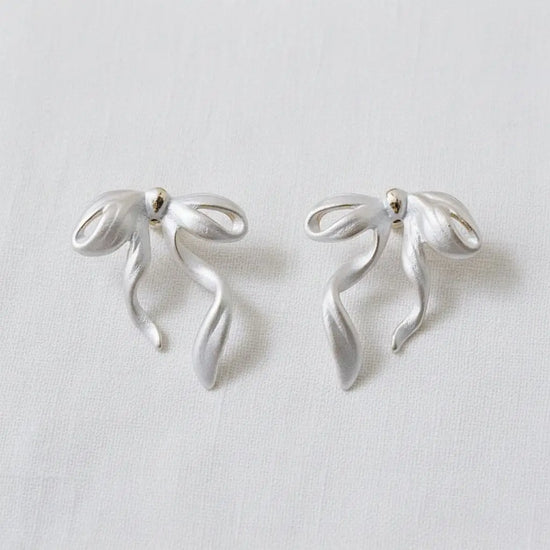 Silver Satin Bow Earrings