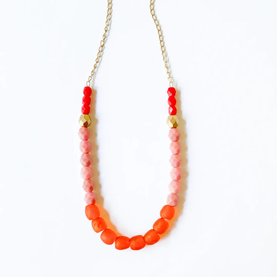 Multi-Colored Recycled African Glass & Mixed Bead Necklace - Orange