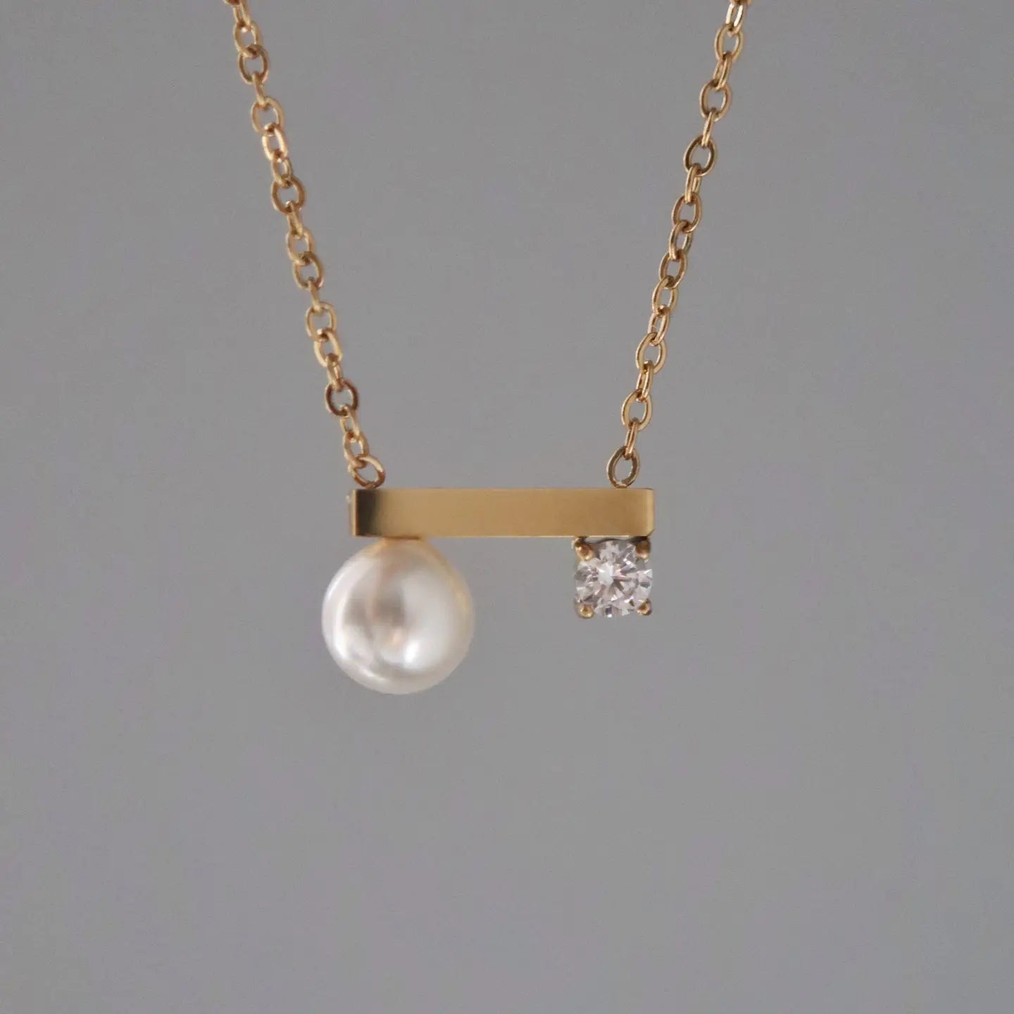 Pearl and CZ Bar Necklace