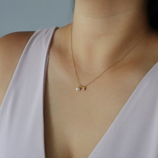 Pearl and CZ Bar Necklace