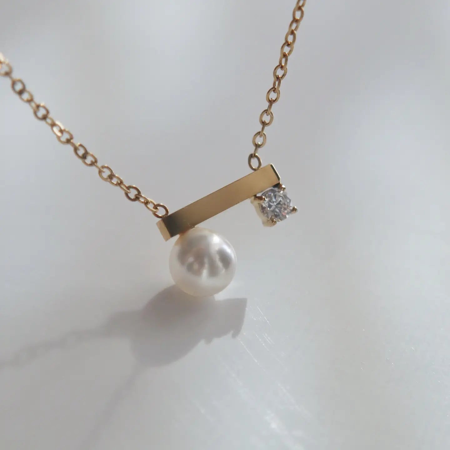 Pearl and CZ Bar Necklace