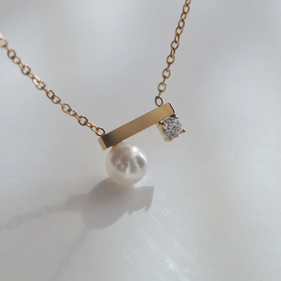 Pearl and CZ Bar Necklace