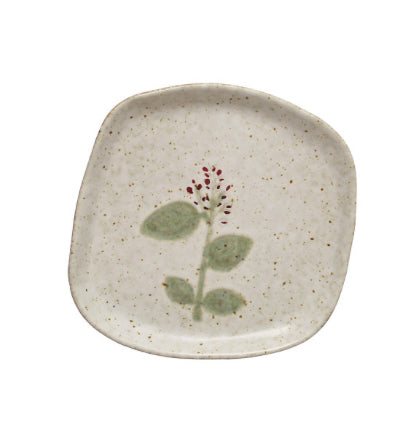 Hand-Painted Stoneware Plate - Red Flower Botanical