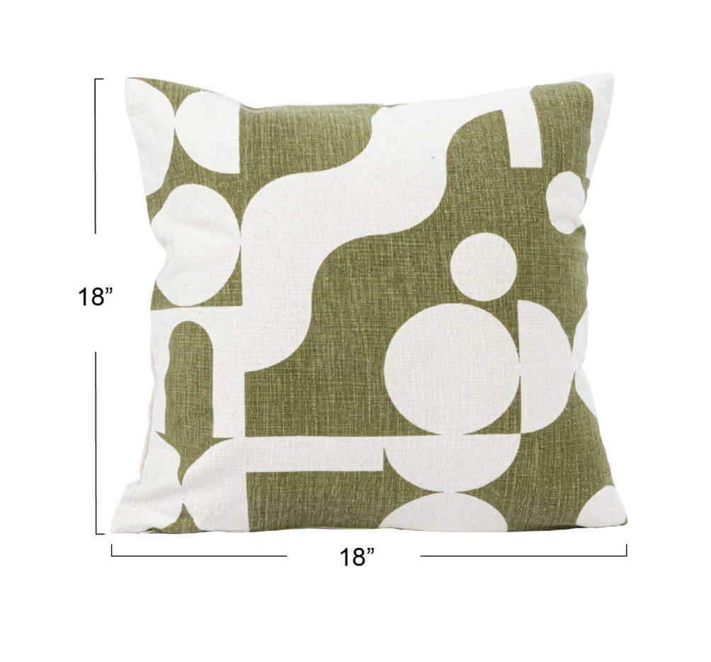Cotton Slub Pillow with Abstract Design - Green/Natural