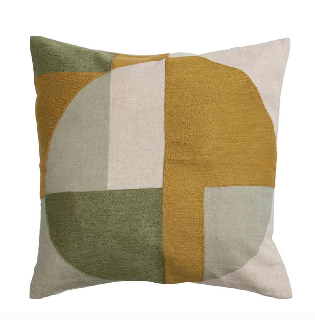 Cotton & Linen Printed Throw Pillow with Embroidery and Geometric Design