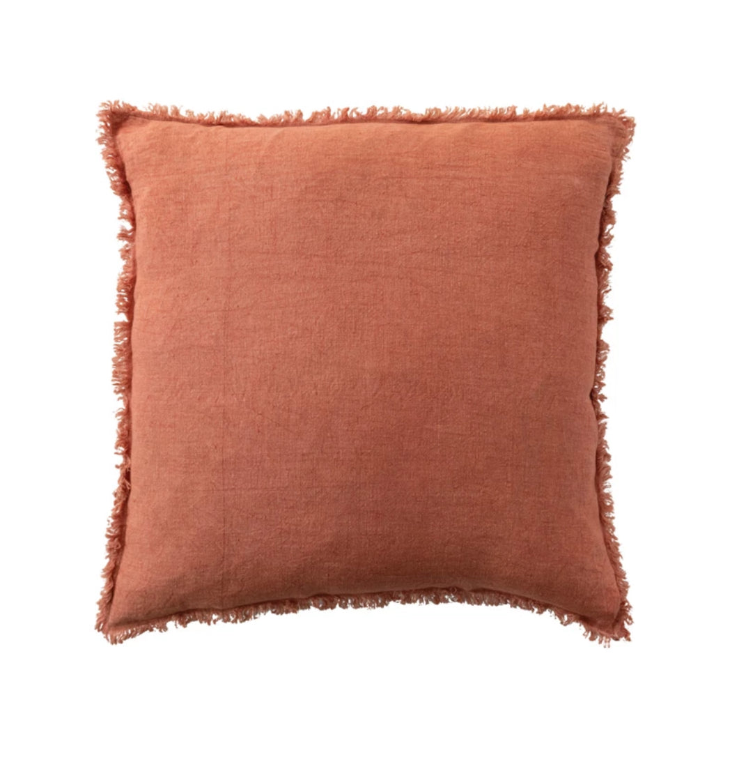 Stonewashed Linen Pillow with Fringe -  Rust