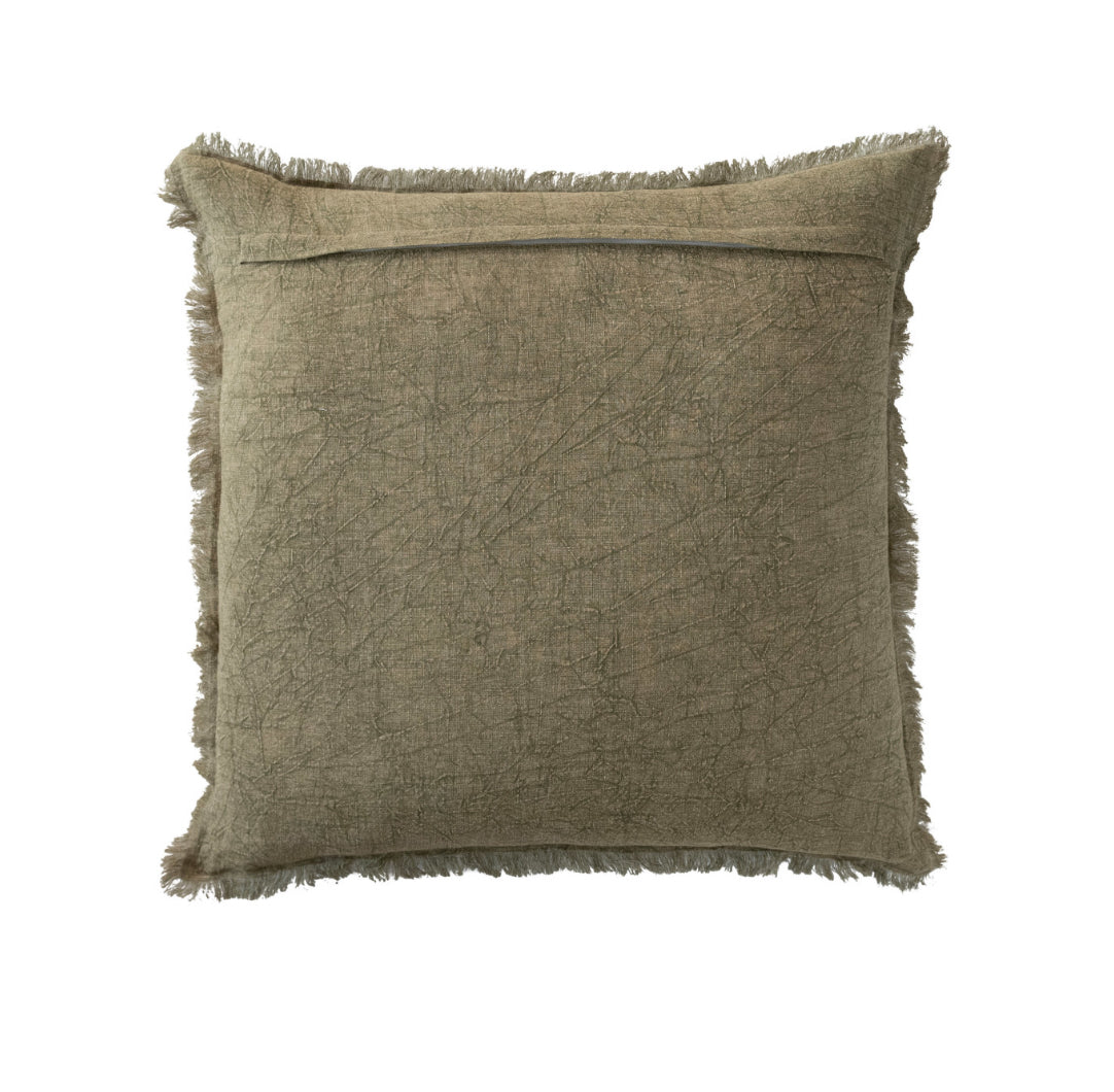 Stonewashed Linen Pillow with Fringe -  Olive