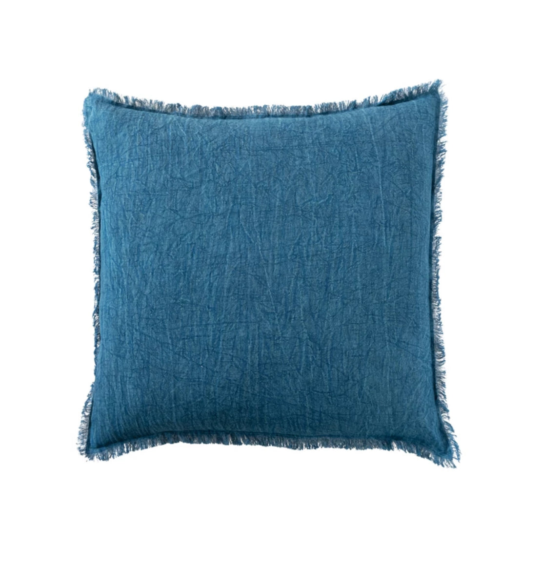 Stonewashed Linen Pillow with Fringe -  Navy