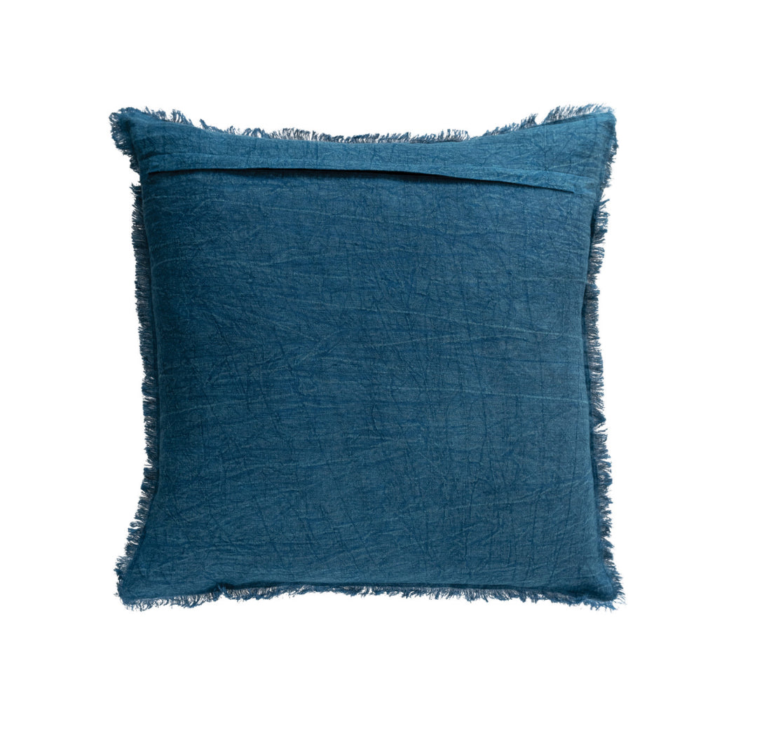Stonewashed Linen Pillow with Fringe -  Navy
