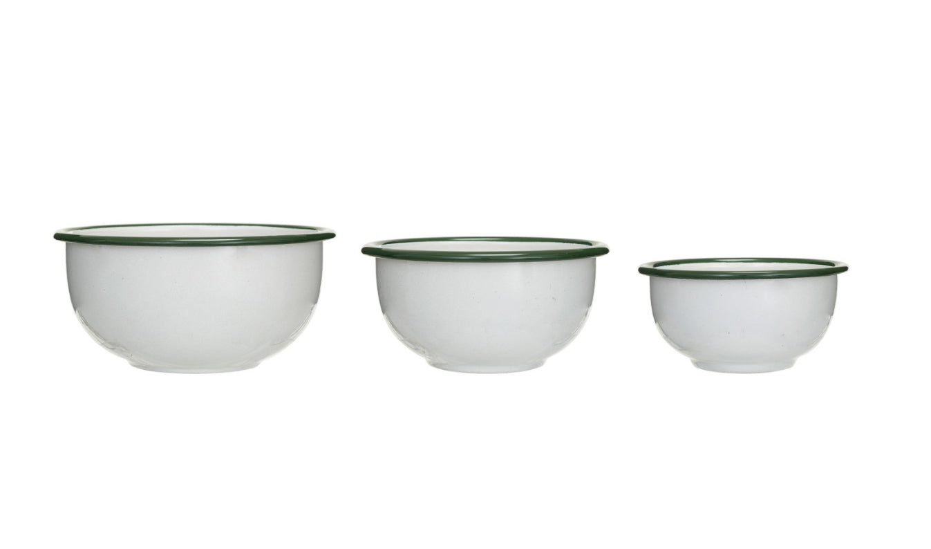 Load image into Gallery viewer, Enameled Bowl, White with Green Rim - Medium
