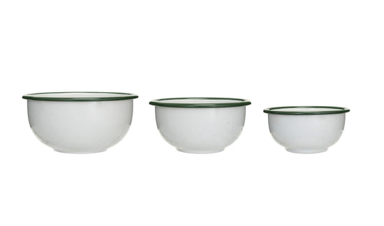 Enameled Bowl, White with Green Rim - Large