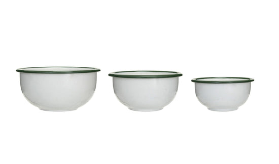 Enameled Bowl, White with Green Rim - Small