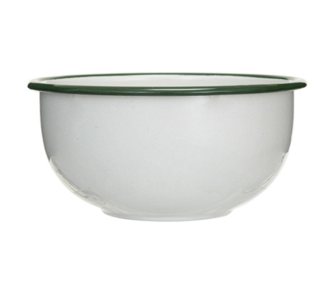 Enameled Bowl, White with Green Rim - Large