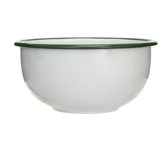 Enameled Bowl, White with Green Rim - Small