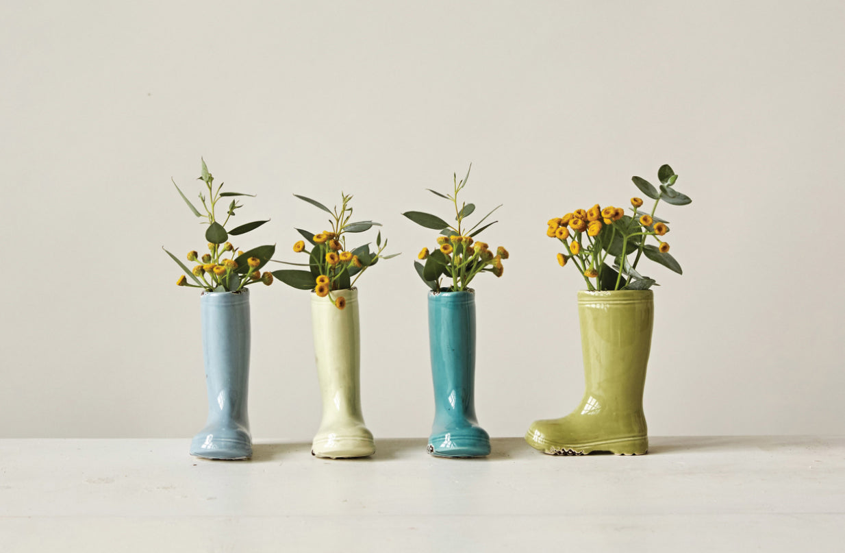 Distressed Stoneware Boot Vase - Light Olive