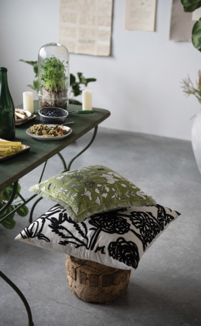 Load image into Gallery viewer, Linen Blend Embroidered Pillow with Garden Print &amp;amp; Fringe - Olive
