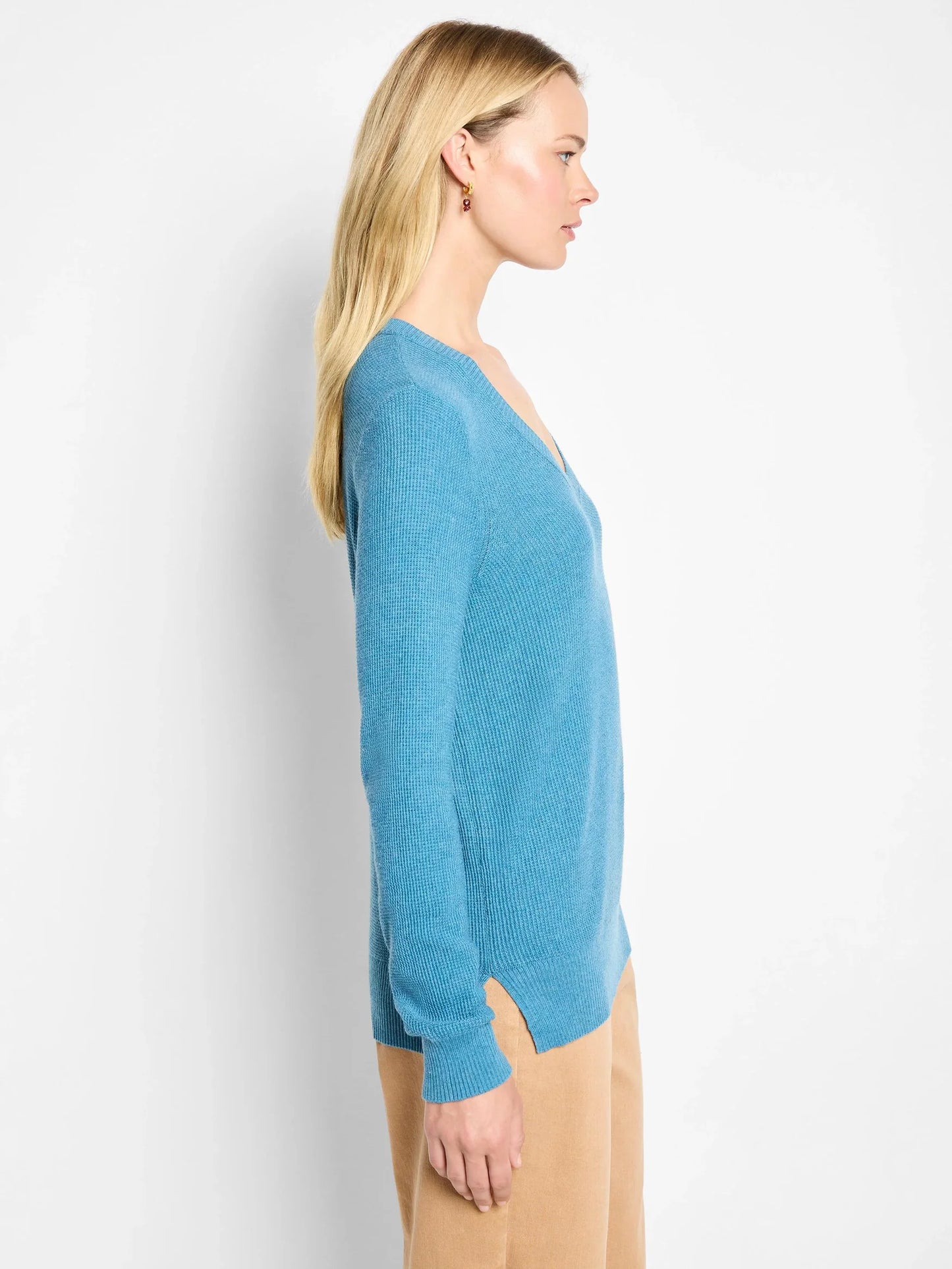 Waffle Stitch V-Neck Sweater - Peacock