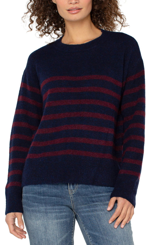 Crew Neck Sweater with Drop Shoulders - Burgundy/Navy Stripe