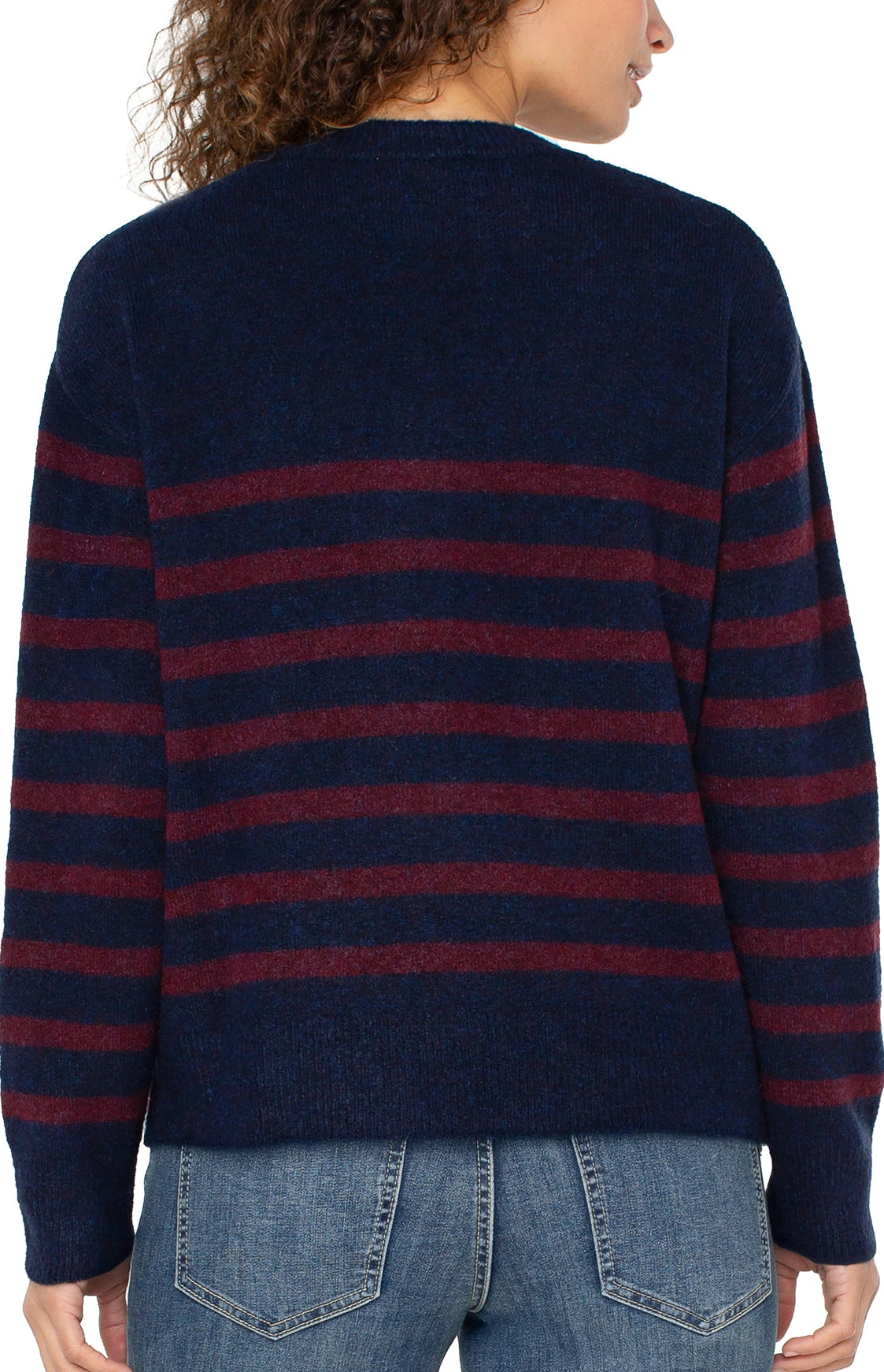 Crew Neck Sweater with Drop Shoulders - Burgundy/Navy Stripe