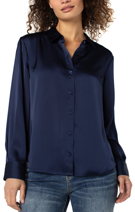 Long Sleeve Button Front Top - Dark Navy
