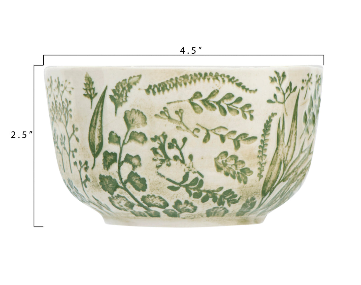 Hand-Stamped Bowl with Embossed Pattern - Green/Cream