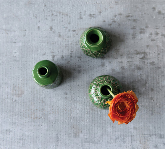Embossed Stoneware Vase - Green - Medium