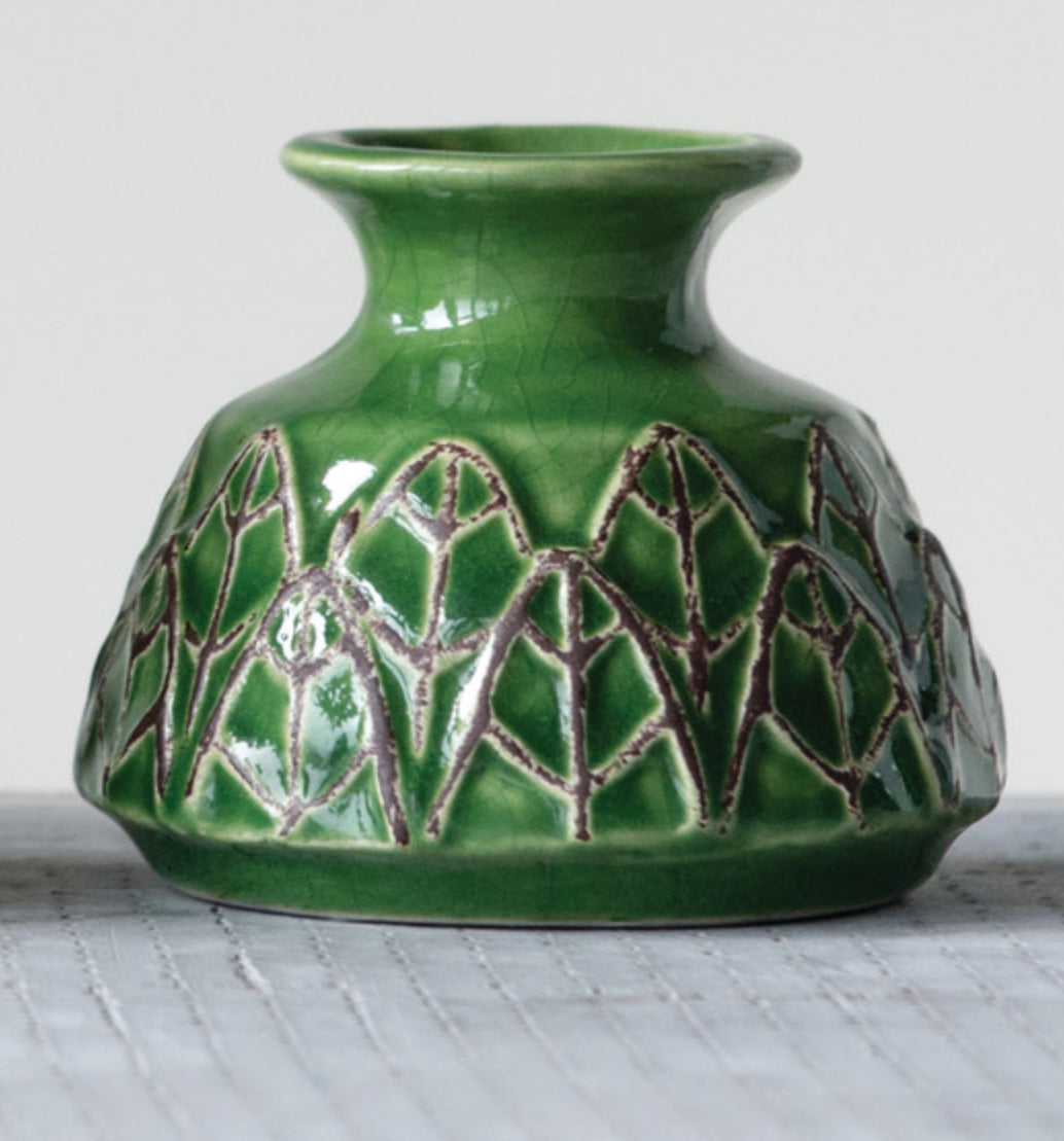 Embossed Stoneware Vase - Green - Short
