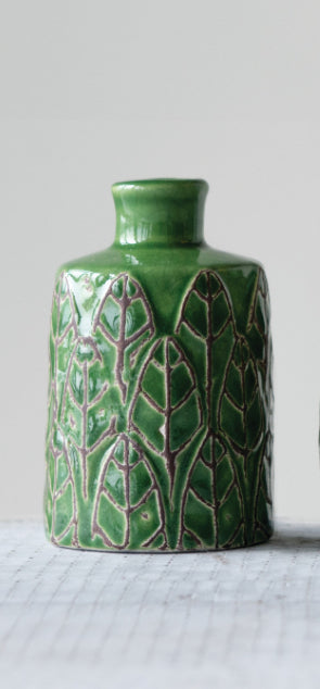 Embossed Stoneware Vase - Green - Tall