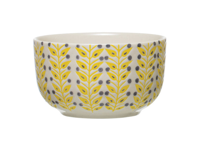 Hand-Stamped Stoneware Bowl - Yellow Leaves
