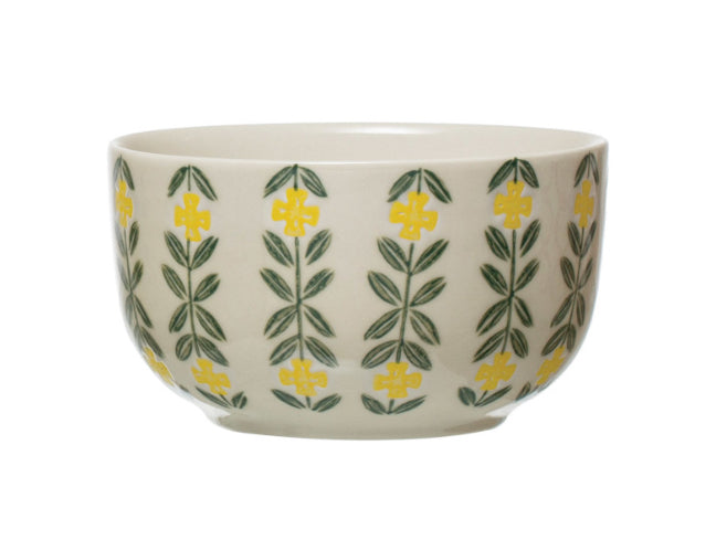 Hand-Stamped Stoneware Bowl - Yellow Flowers