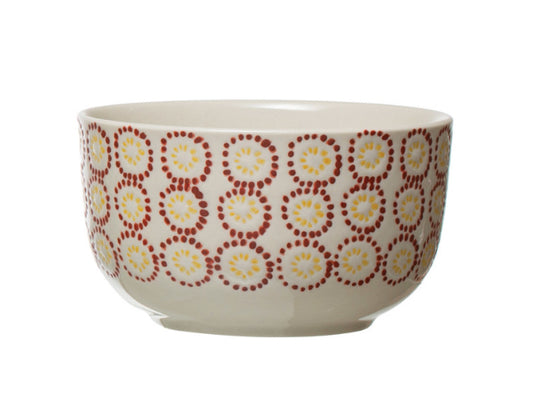 Hand-Stamped Stoneware Bowl - Red Flowers