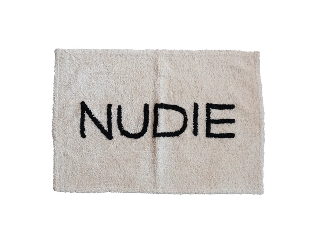 Cotton Tufted Bath Mat "Nudie" - White with Black Letters