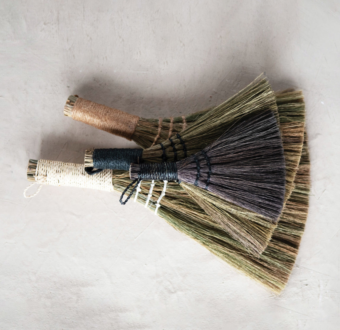 Whisk Broom with Yarn Wrapped Handle - Natural with White Handle