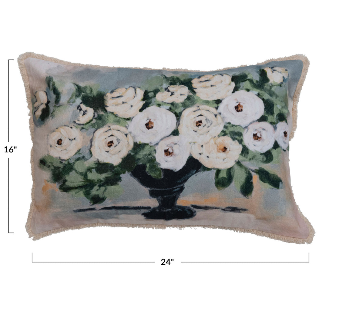 Printed Lumbar Pillow with Flowers and Eyelash Fringe