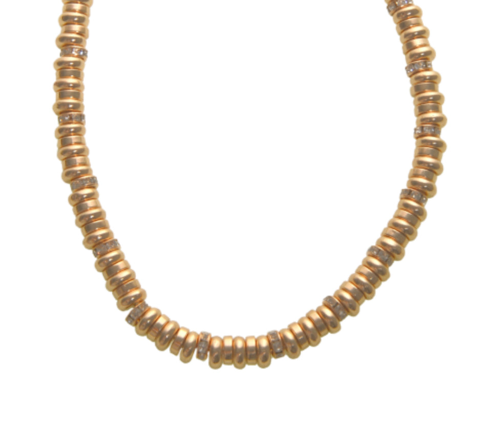 Gold Disk and Crystal Beaded Necklace