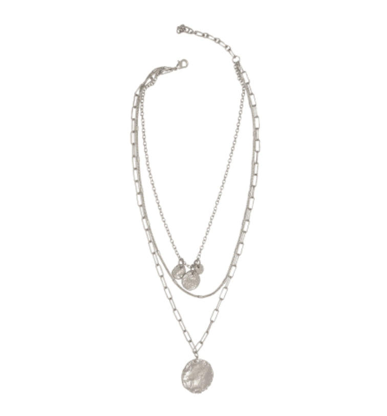 Three Row Multi-Chain Necklace with Pendants - Silver