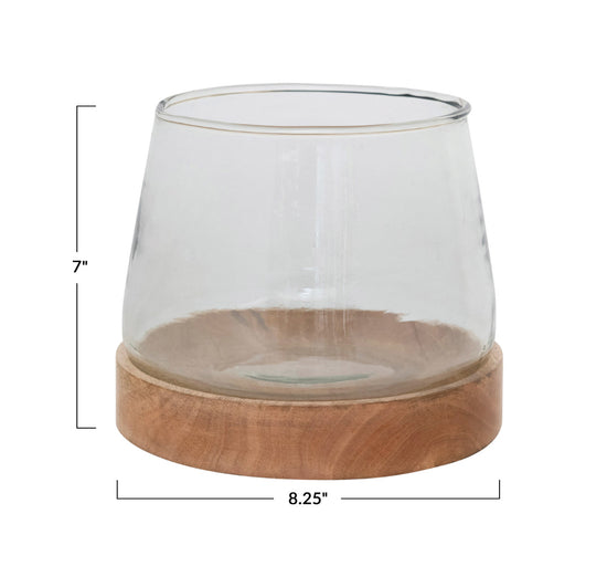 Glass Hurricane Vase with Mango Wood Base
