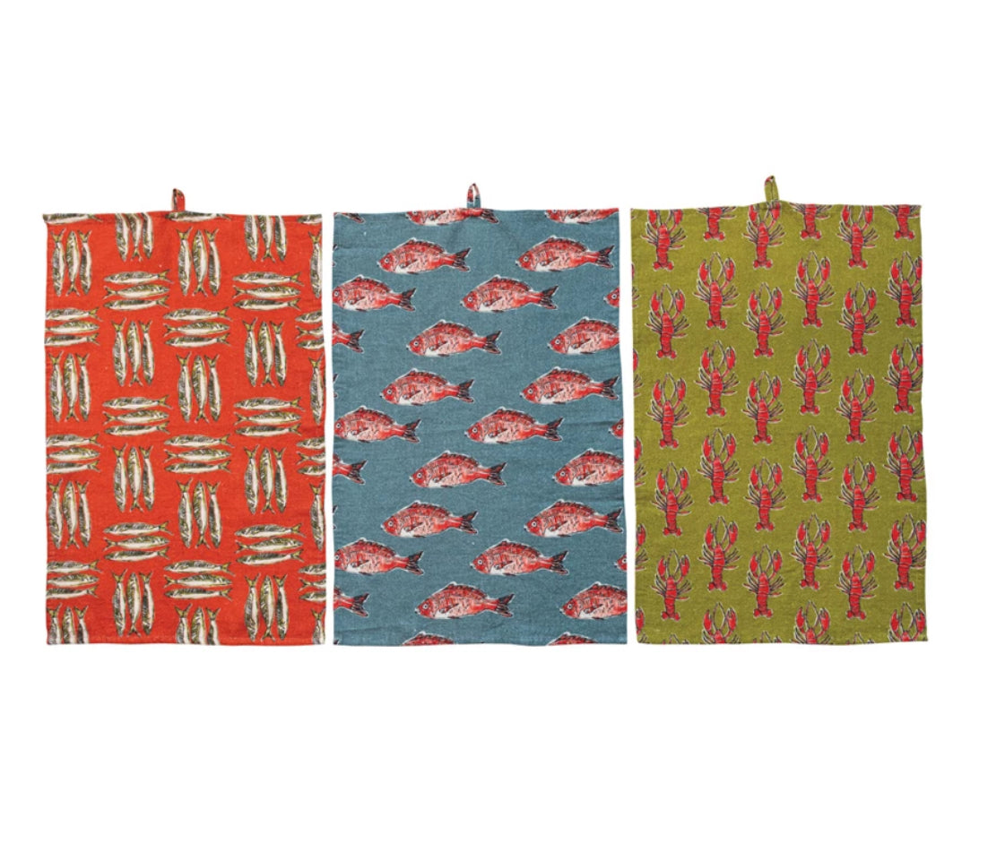 Linen Tea Towel with Sea Life Print & Loop - Red