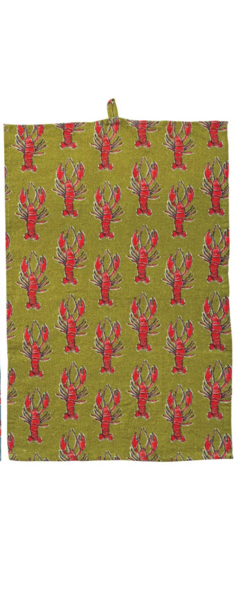 Linen Tea Towel with Sea Life Print & Loop - Green