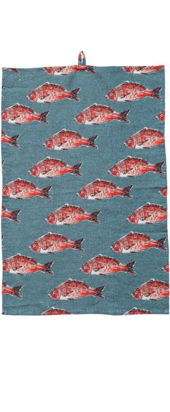 Linen Tea Towel with Sea Life Print & Loop - Blue
