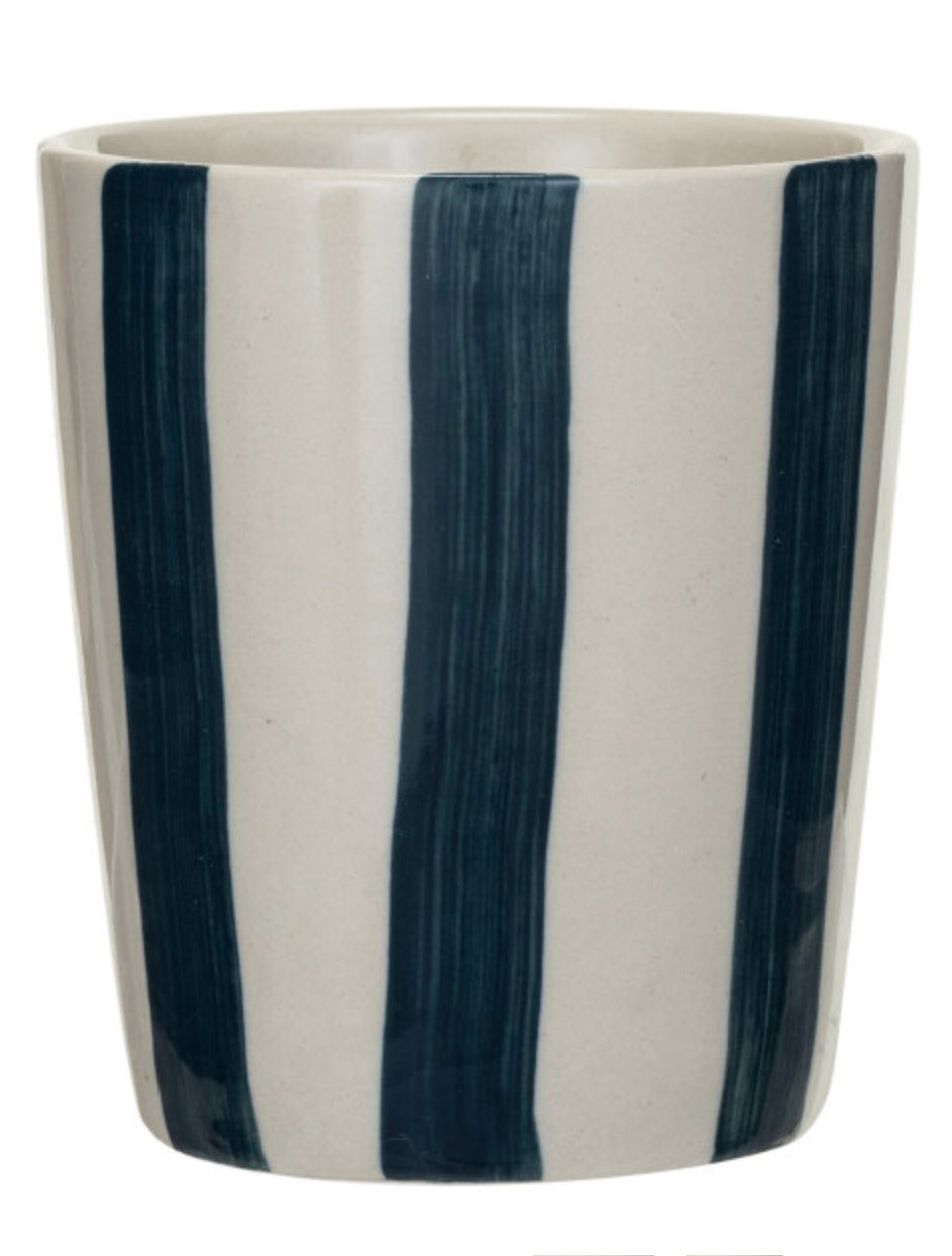 Hand-Painted Stoneware Cup with Blue Stripes
