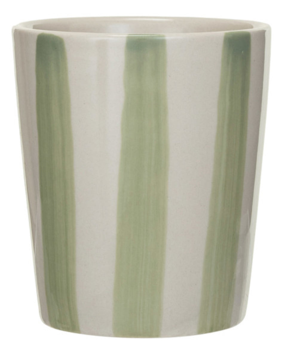 Hand-Painted Stoneware Cup with Green Stripes