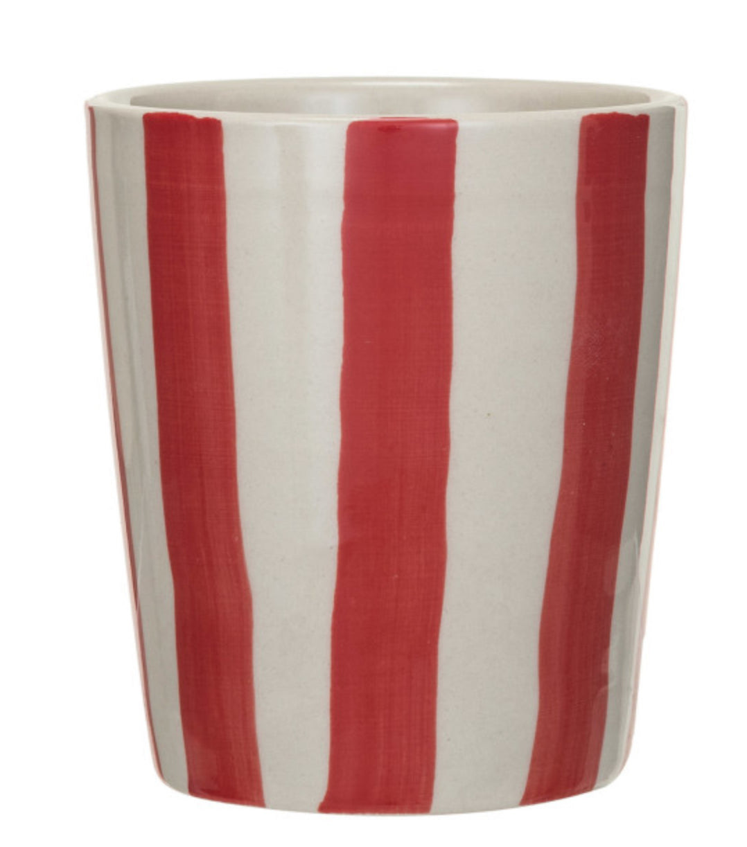 Hand-Painted Stoneware Cup with Red Stripes