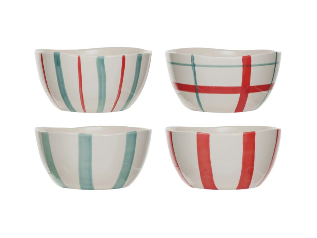 Hand-Painted Stoneware Bowl - Red & White Stripe