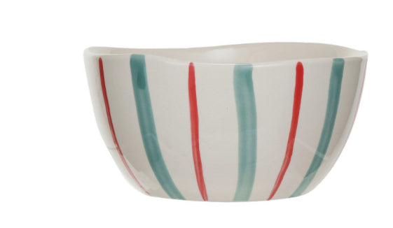 Hand-Painted Stoneware Bowl - Aqua, Red  & White Stripe