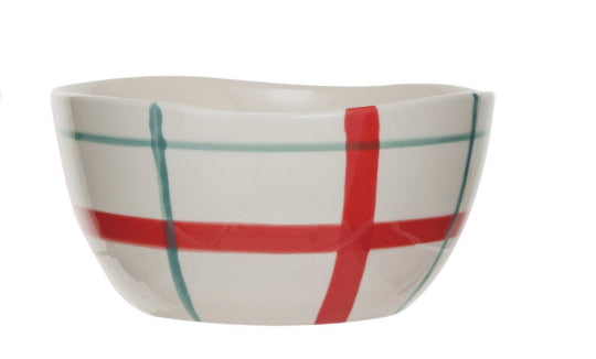 Hand-Painted Stoneware Bowl - Aqua, Red  & White Plaid