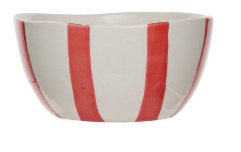 Hand-Painted Stoneware Bowl - Red & White Stripe