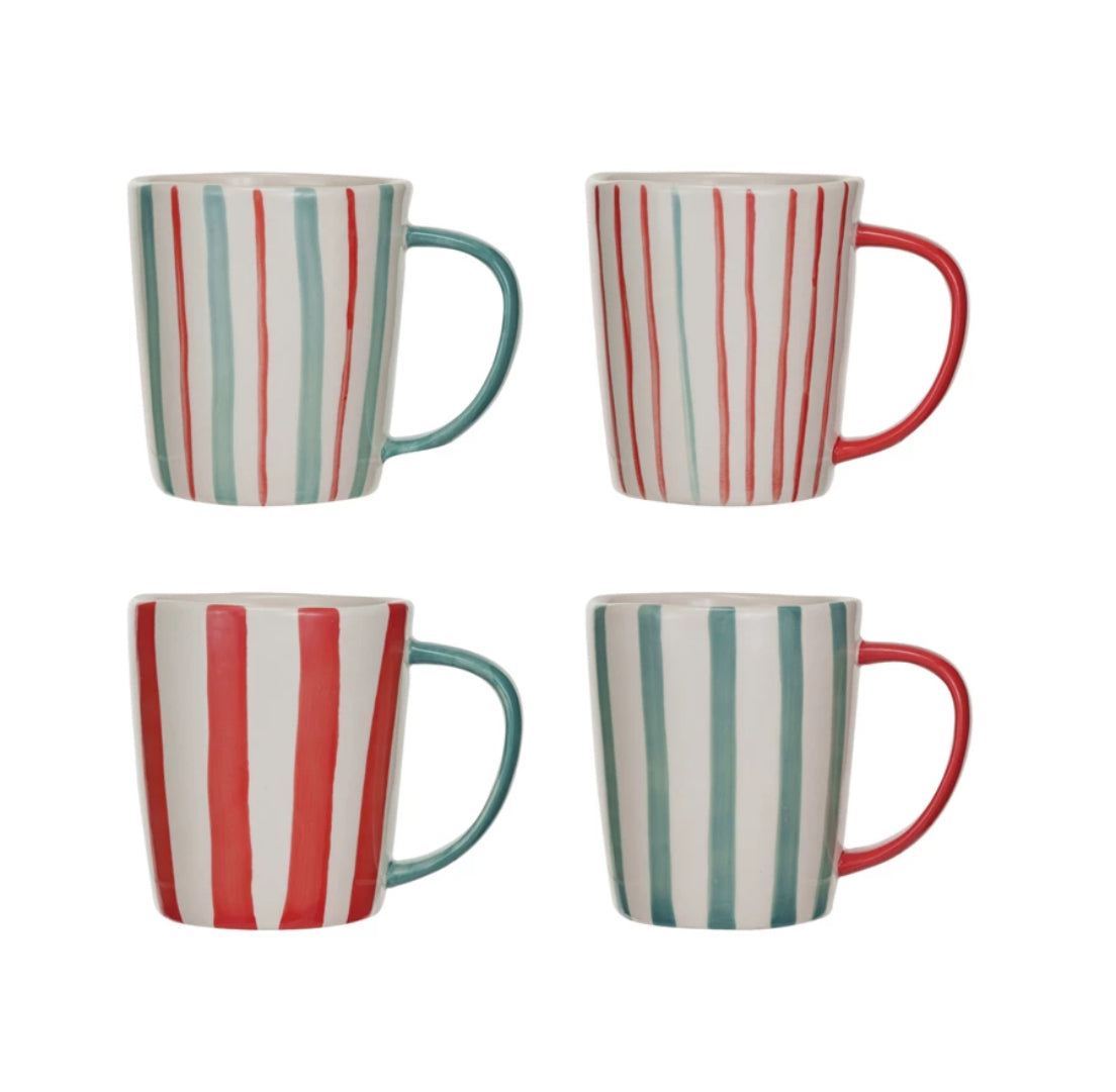 Hand-Painted Stoneware Mug - Red & White with 1 Aqua Stripe